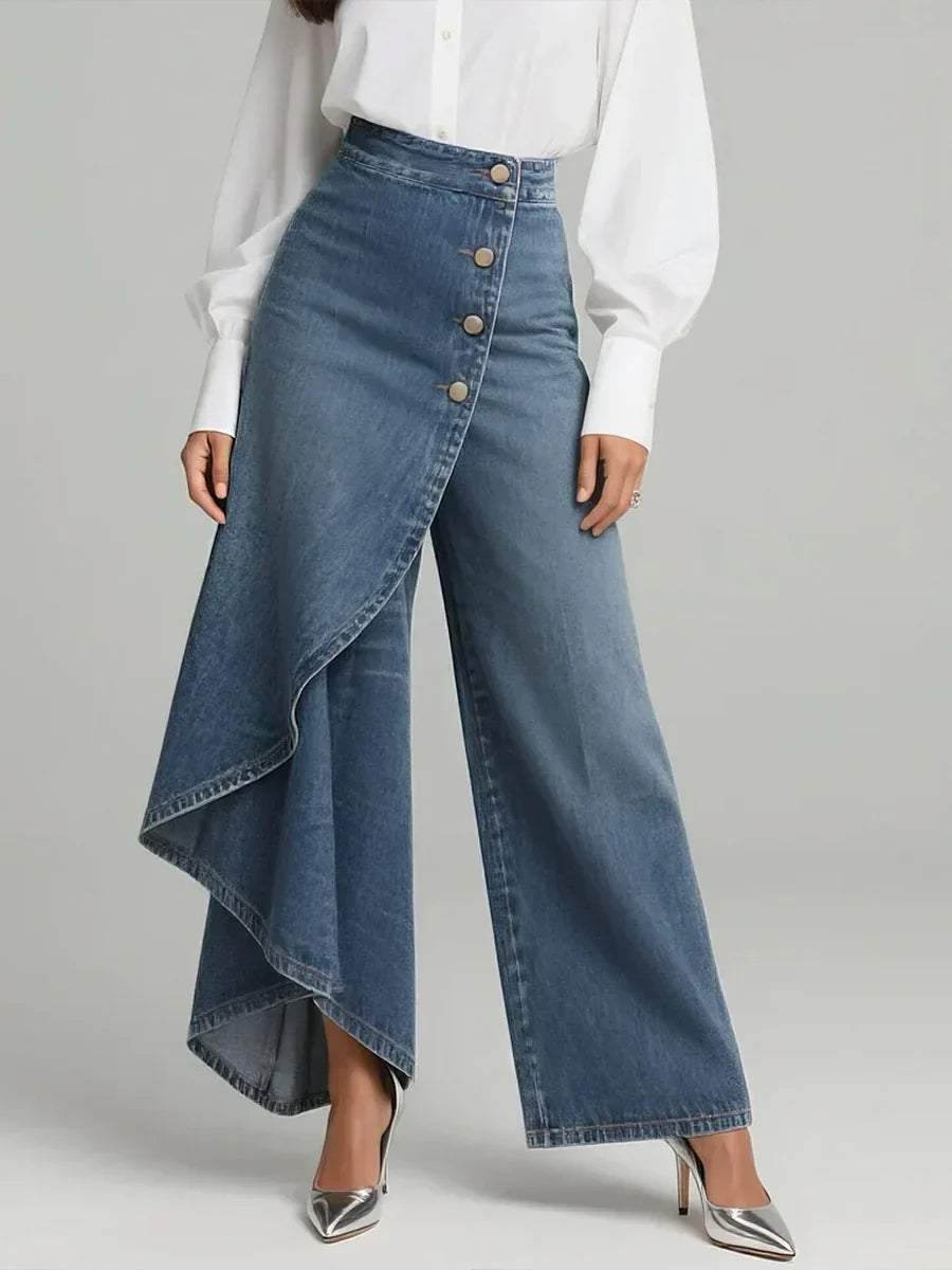 Modern blue high-waisted wide-leg fashion pants for women, designed for a flattering, comfortable silhouette.