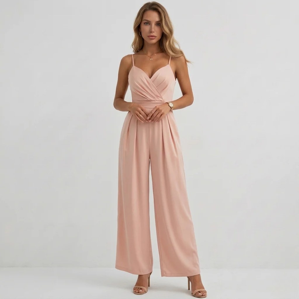 Elegant women's high-waisted wide-leg pleated jumpsuit with V-neck, perfect for parties & formal occasions.
