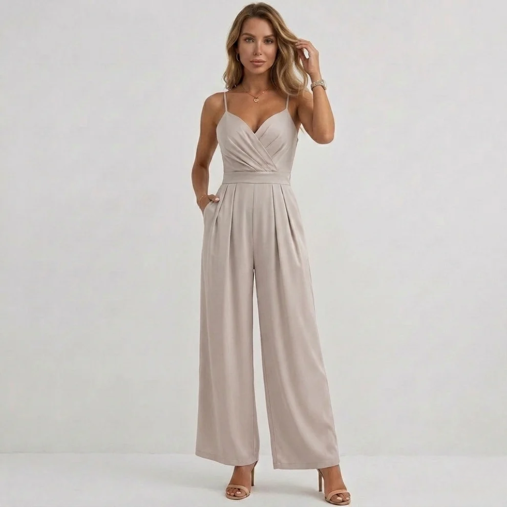 Sophisticated women's spaghetti strap V-neck jumpsuit with a flattering high-waisted wide-leg pleated design.
