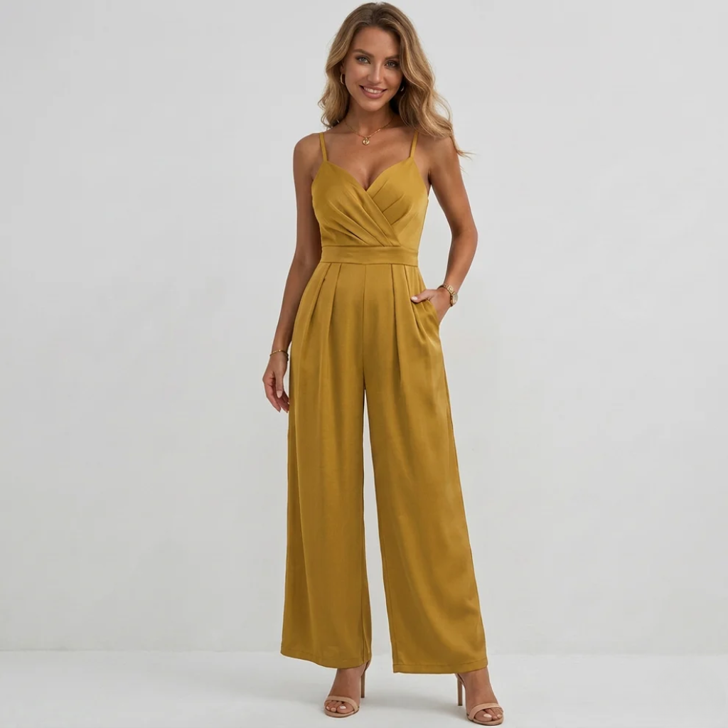 Women's elegant V-neck jumpsuit. High-waisted, wide-leg pleated design offers chic party wear & summer comfort.