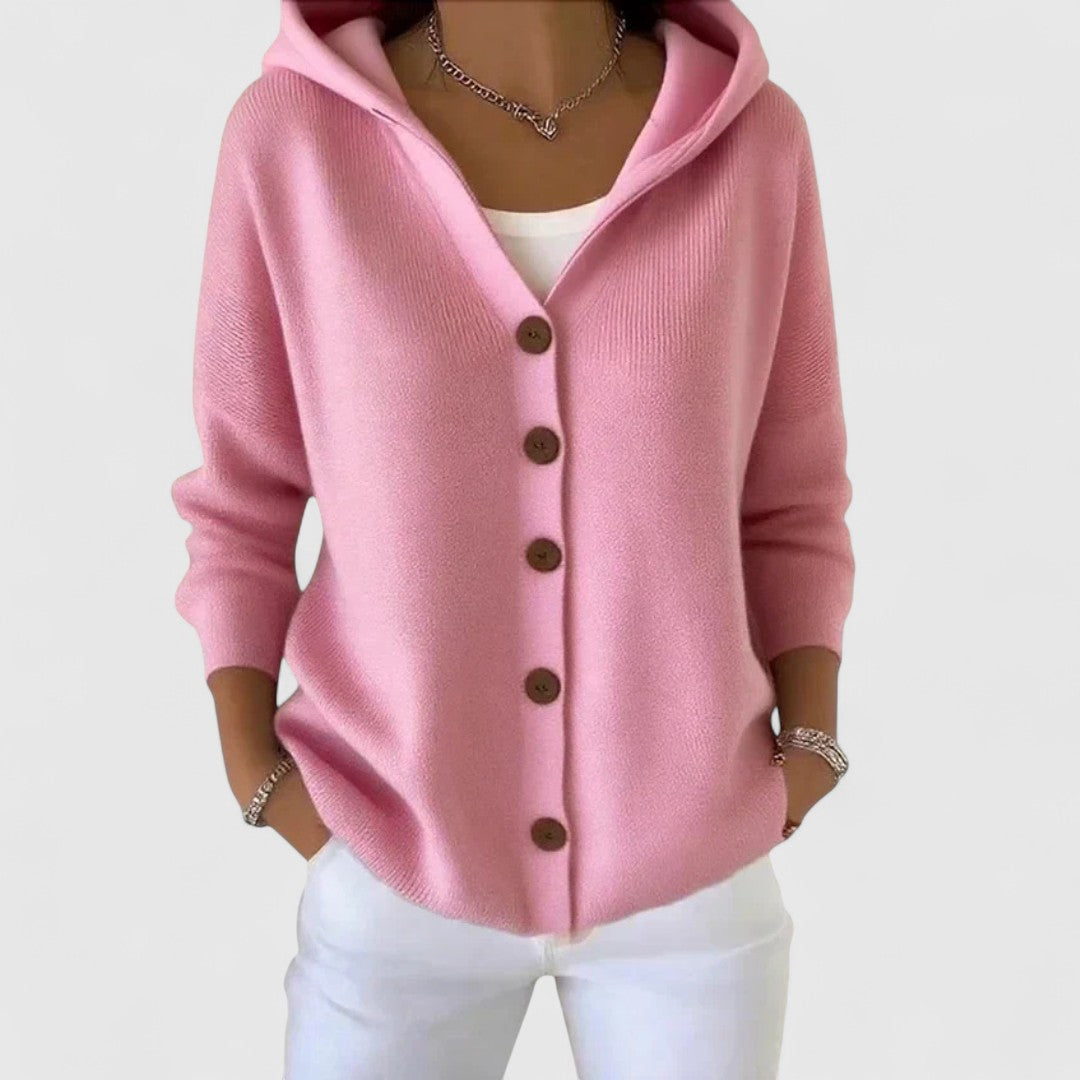 Stylish beige hooded button-down cardigan. Women's long sleeve top, great for casual wear & fall fashion.