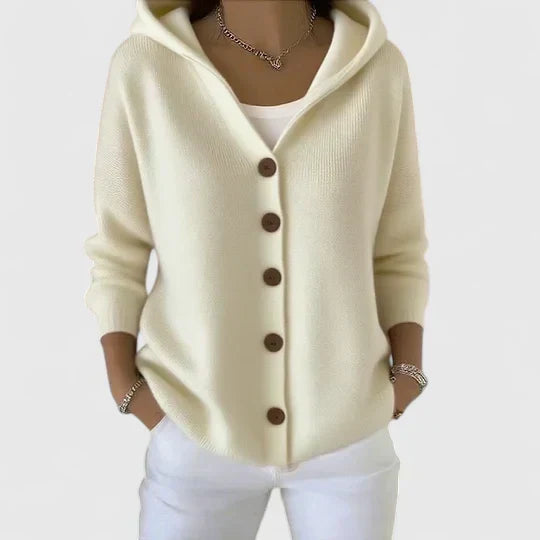 Green hooded button-down cardigan for women. Effortless style, comfortable layering for spring & everyday.