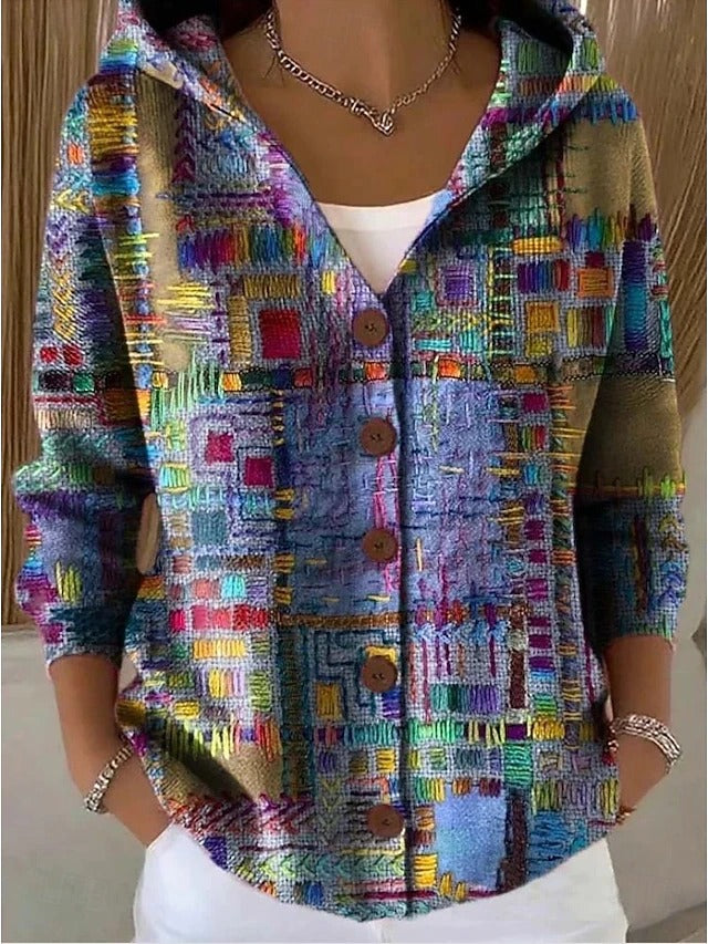 Elegant women's hooded sweater cardigan with stylish button-front closure, perfect for sophisticated layering.