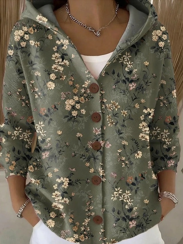 Chic women's hooded button-front cardigan, a versatile long sleeve layering piece for elegant knitwear style.