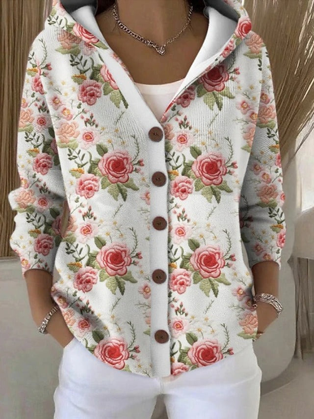 Soft women's hooded sweater cardigan with buttons, an elegant and comfortable knitwear piece for women.