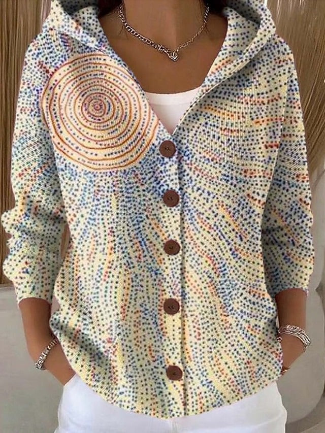 Women's elegant long sleeve hooded sweater cardigan with buttons. Comfortable & stylish knitwear for layering.