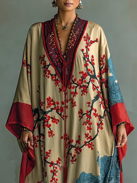 Vibrant red floral plum blossom print long dress with flowing batwing sleeves, a versatile women's maxi for any event.