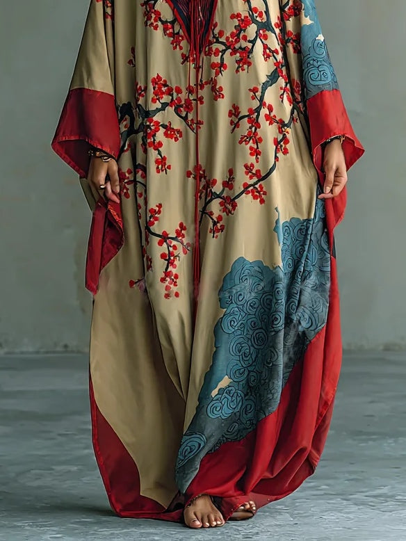 Comfortable women's batwing sleeve maxi dress featuring a beautiful Japanese plum blossom print for elegant style.