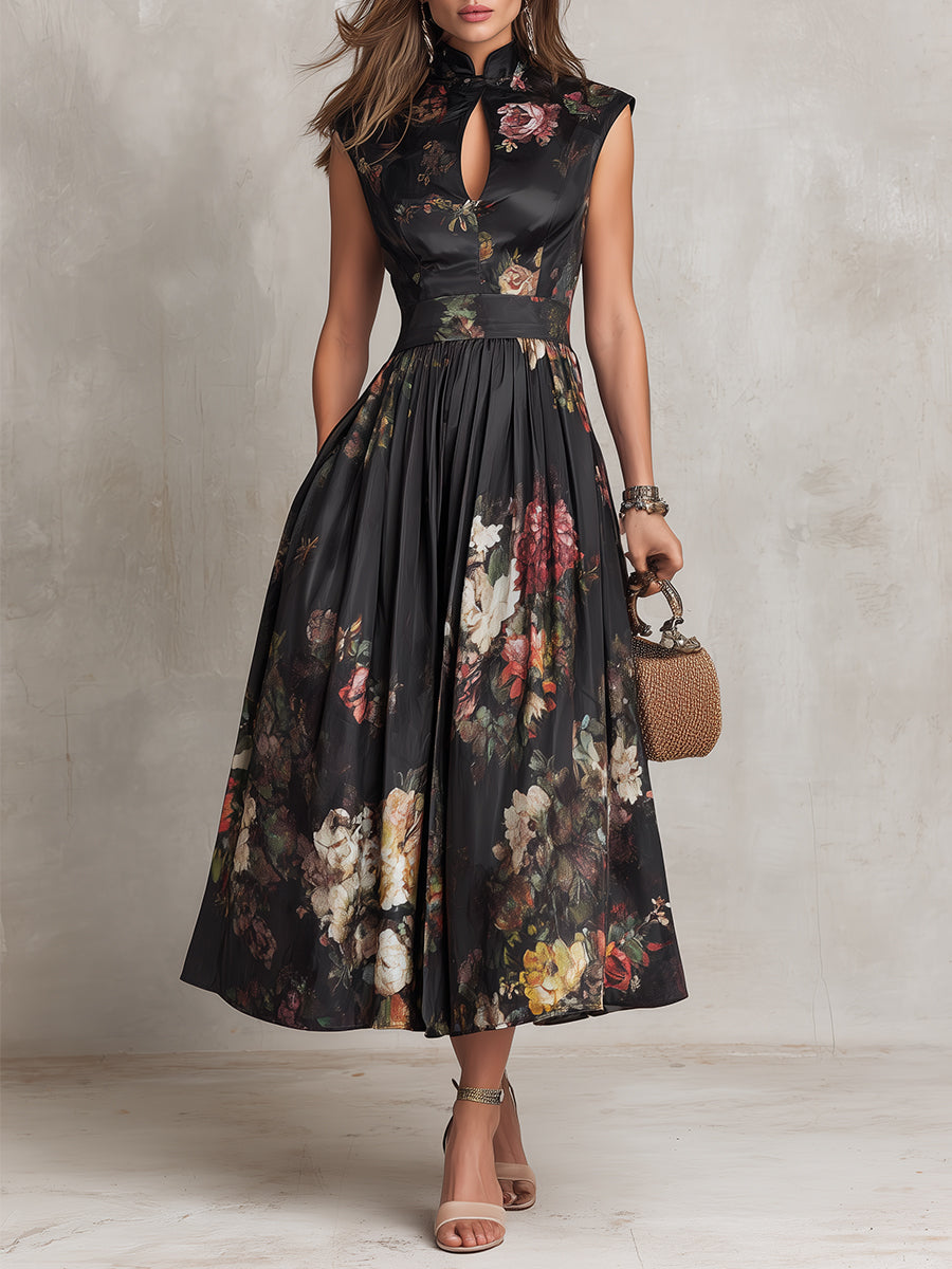 Elegant women's keyhole collar pleated midi dress, a sophisticated choice for evening parties & formal events.