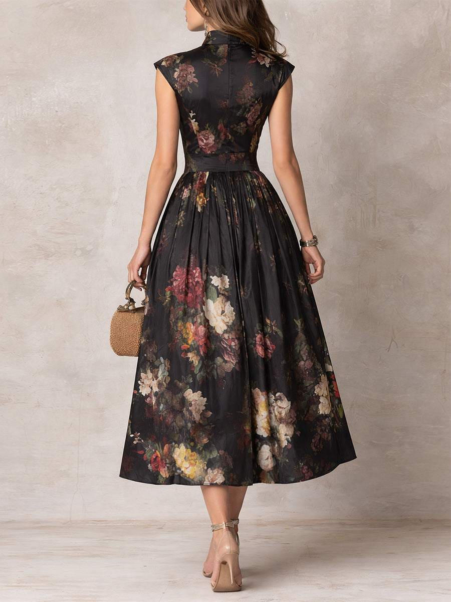 Chic women's black pleated midi dress with a stylish keyhole neckline, perfect for evening wear & special occasions.