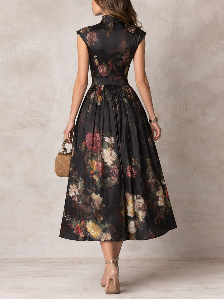 Chic women's black pleated midi dress with a stylish keyhole neckline, perfect for evening wear & special occasions.