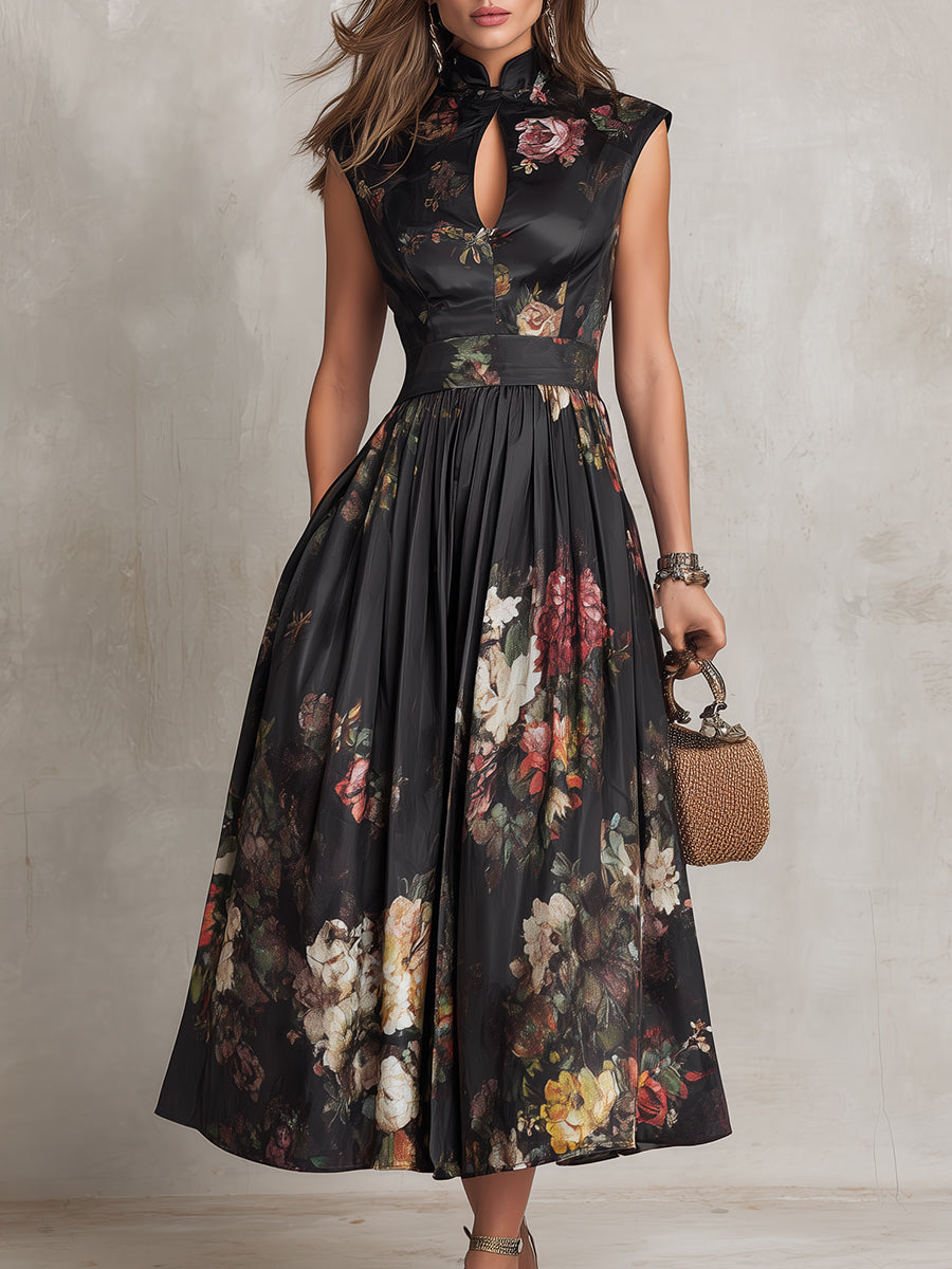 Formal women's midi dress featuring a unique keyhole collar & elegant pleated skirt, ideal for evening events.