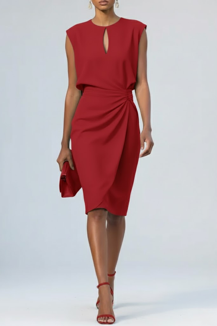 Modern women's keyhole neck ruched midi dress. Elegant summer day or cocktail dress with versatile fashion appeal.