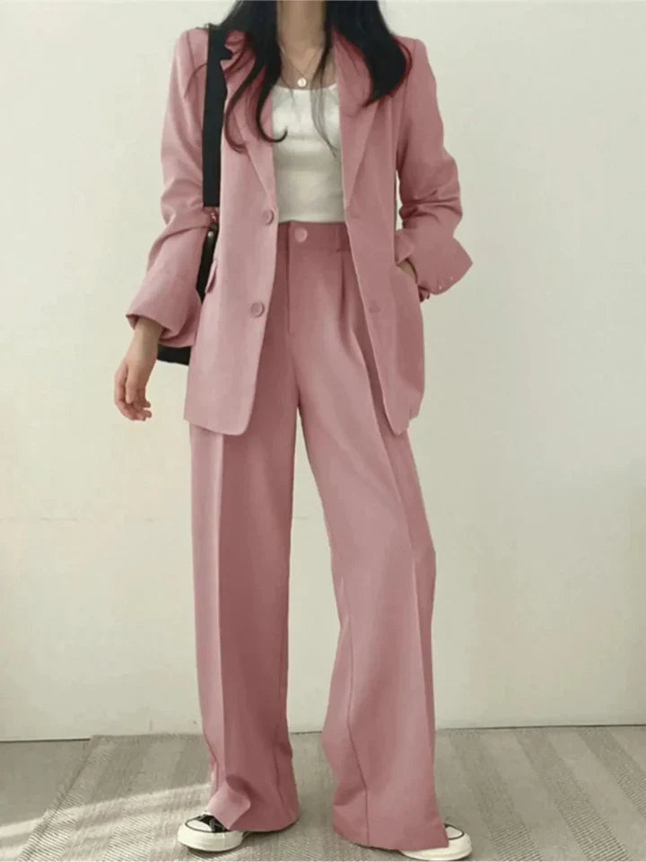 Elegant women's khaki two-piece office suit with blazer & wide-leg trousers. Professional business casual attire.