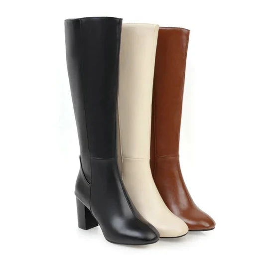 Elegant women's knee-high boots with block heel & full zipper closure, perfect for fall fashion.