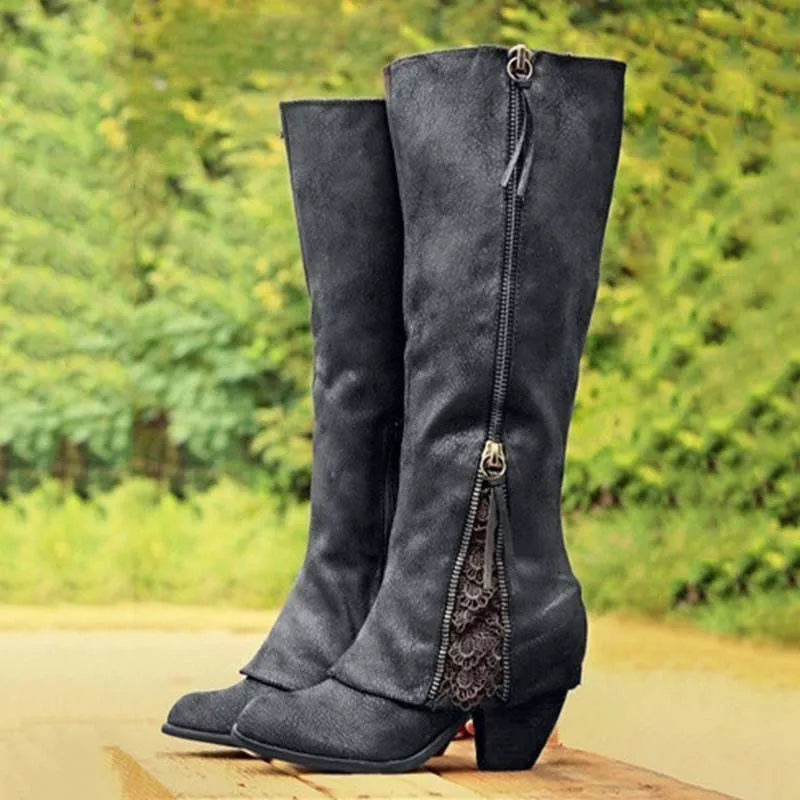 Fashionable women's tall boots, elegant design with lace accents, side zip, and sturdy block heel for versatile styling.