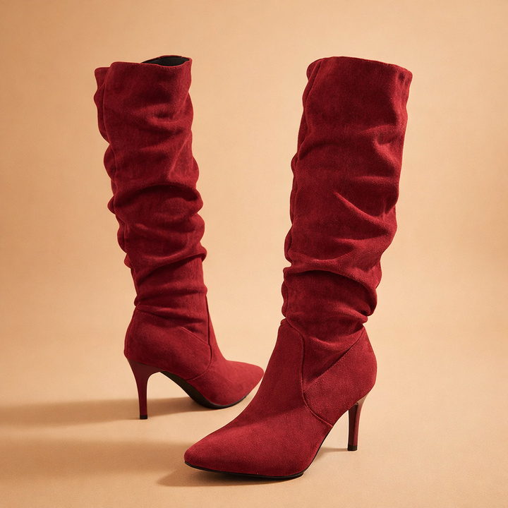 Khaki women's winter slouch boots, knee-high with a sleek stiletto heel and elegant pointed toe design.
