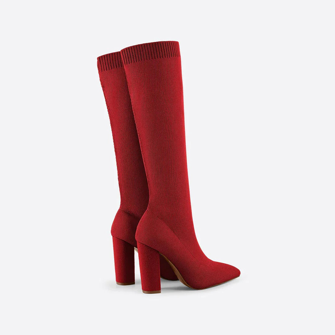 Premium stretch fabric women's knee-high boots. Elegant and durable, with a comfortable block heel.