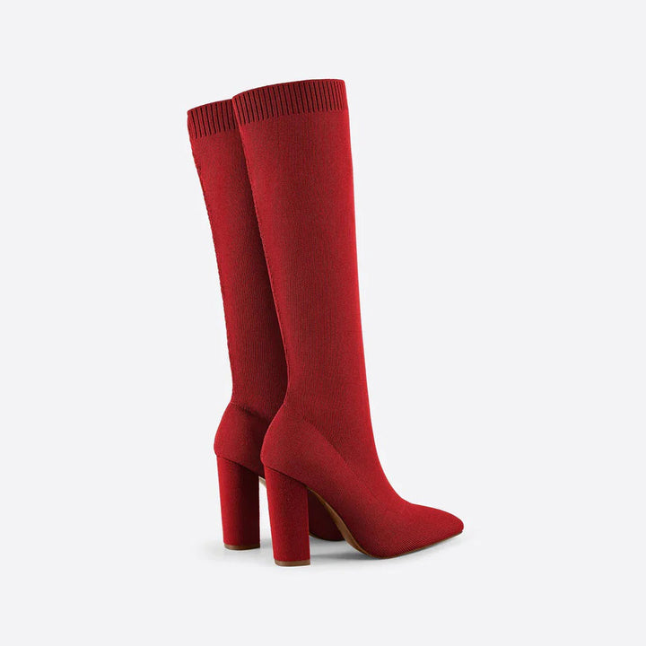 Premium stretch fabric women's knee-high boots. Elegant and durable, with a comfortable block heel.