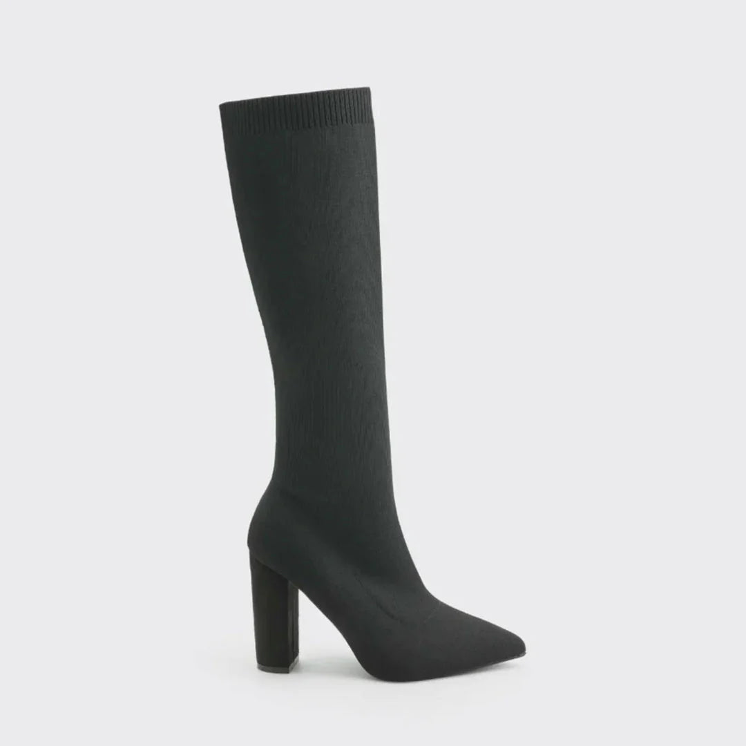 Modern women's knee-high stretch boots with a block heel, offering a chic and elegant fashion statement.