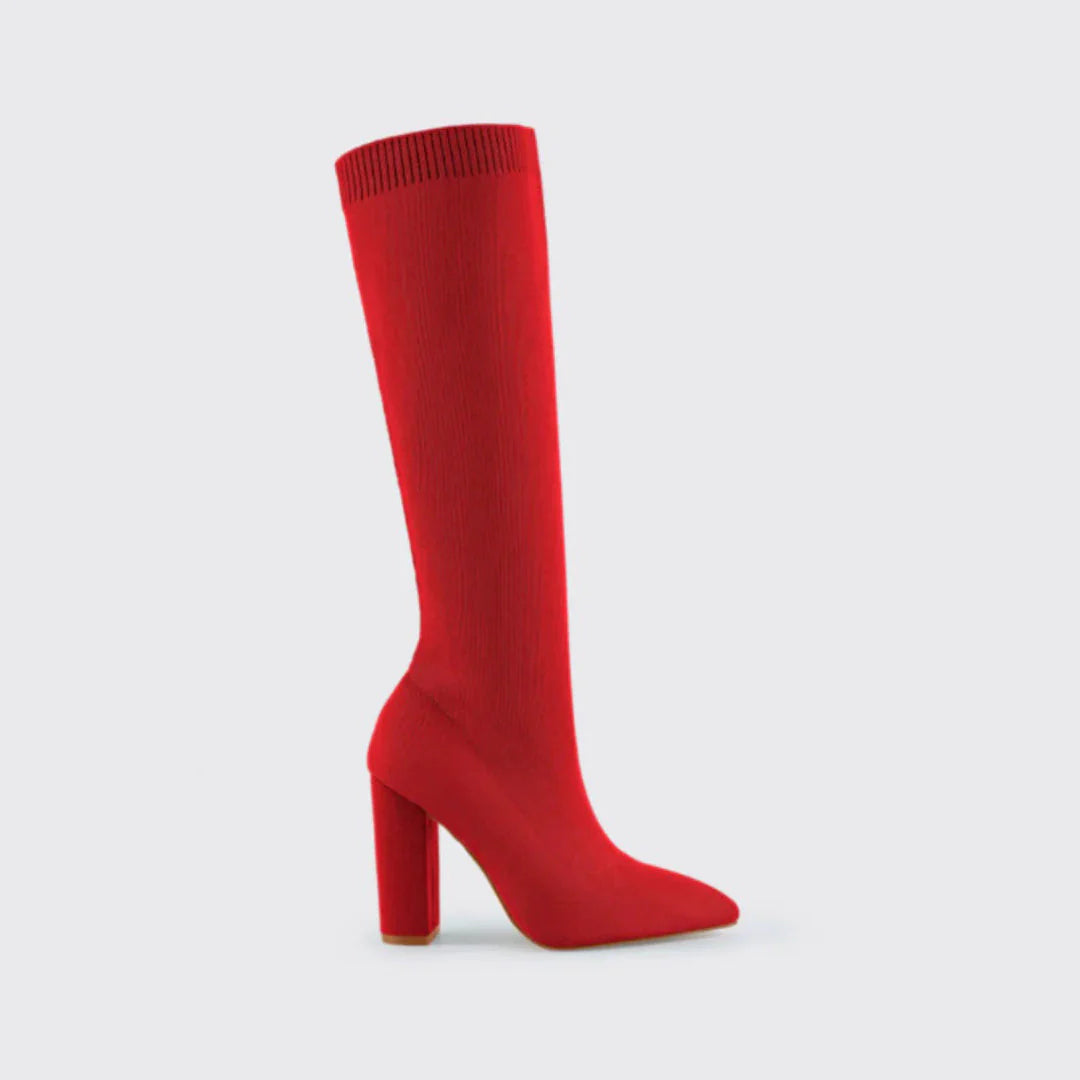 Tall women's fashion boots: elegant knee-high stretch design with a block heel, perfect for chic outfits.