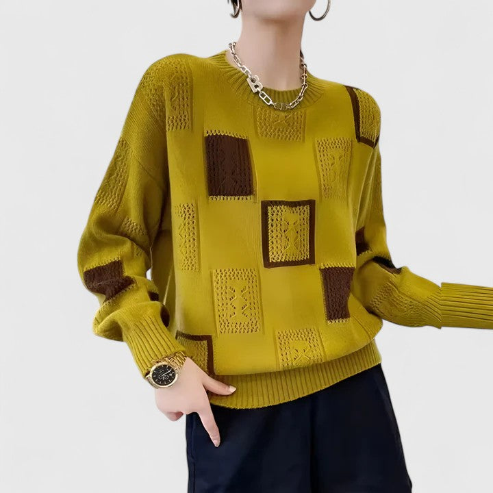 Comfortable women's round neck knit sweater. Versatile long sleeve top, ideal for fall & winter casual wear.