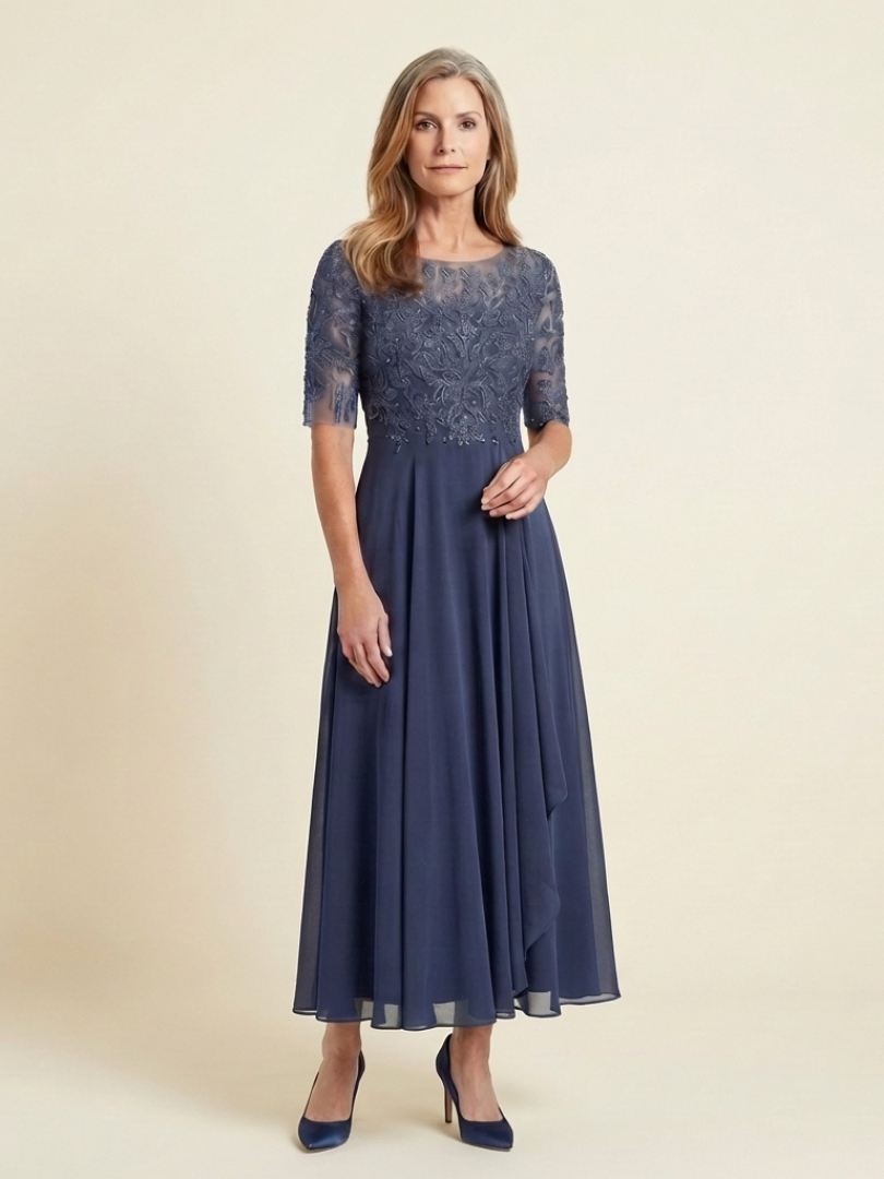 Elegant women's lace bodice midi dress with three-quarter sleeves, perfect for formal occasions & evening wear.