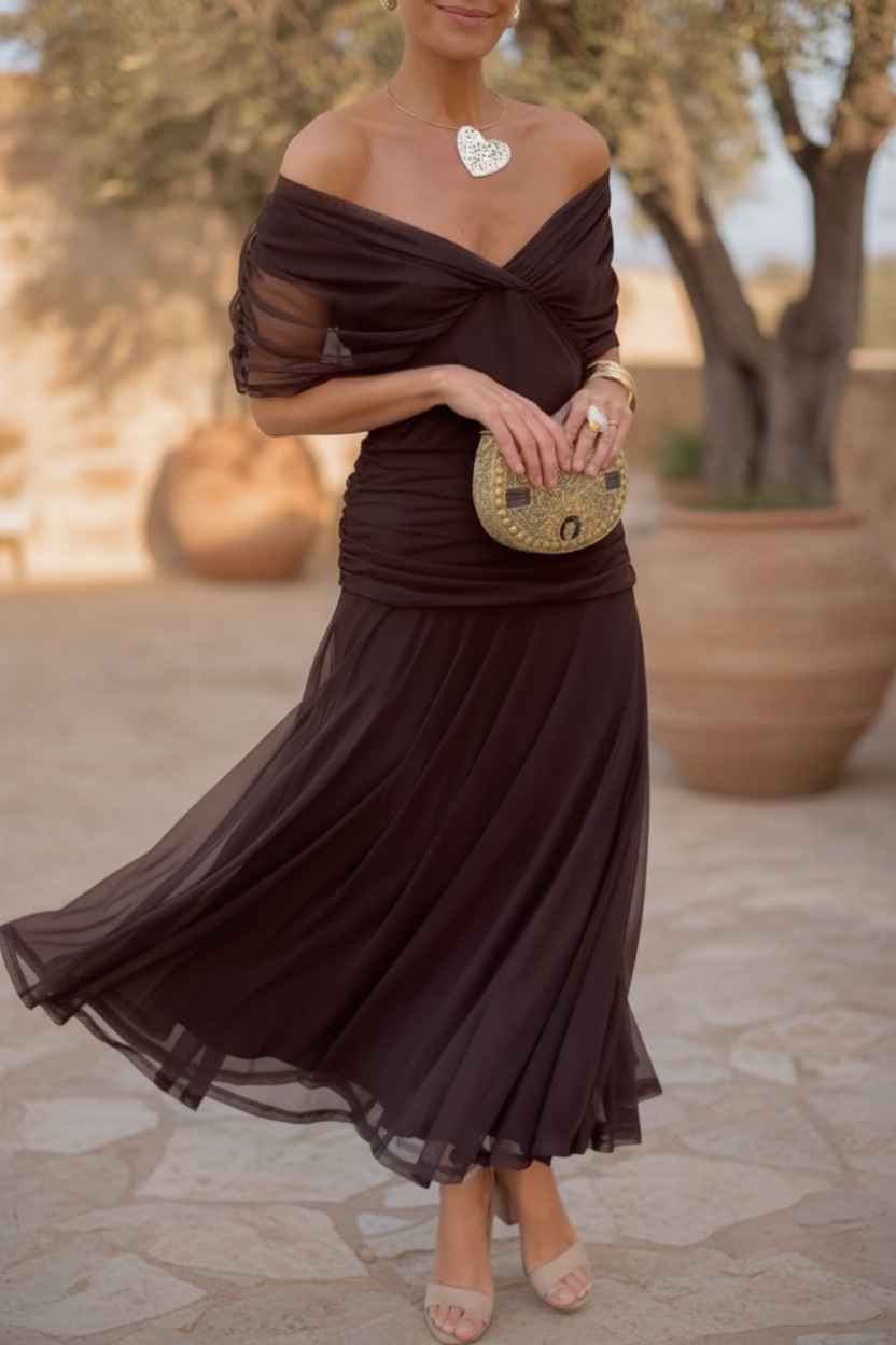 Elegant women's lace drape dress, perfect for wedding guests & formal events.