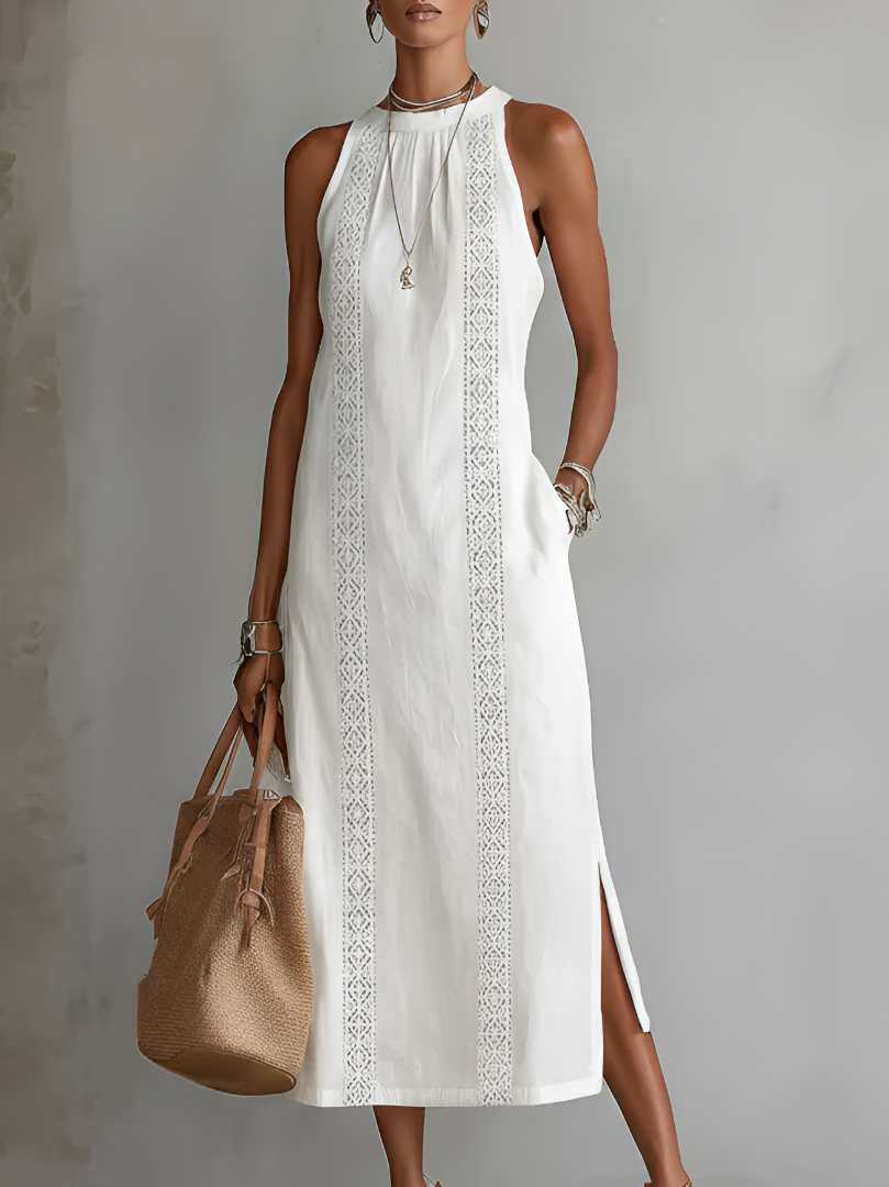 Elegant women's lace panel midi dress for summer comfort. Relaxed fit, versatile for day or evening wear.