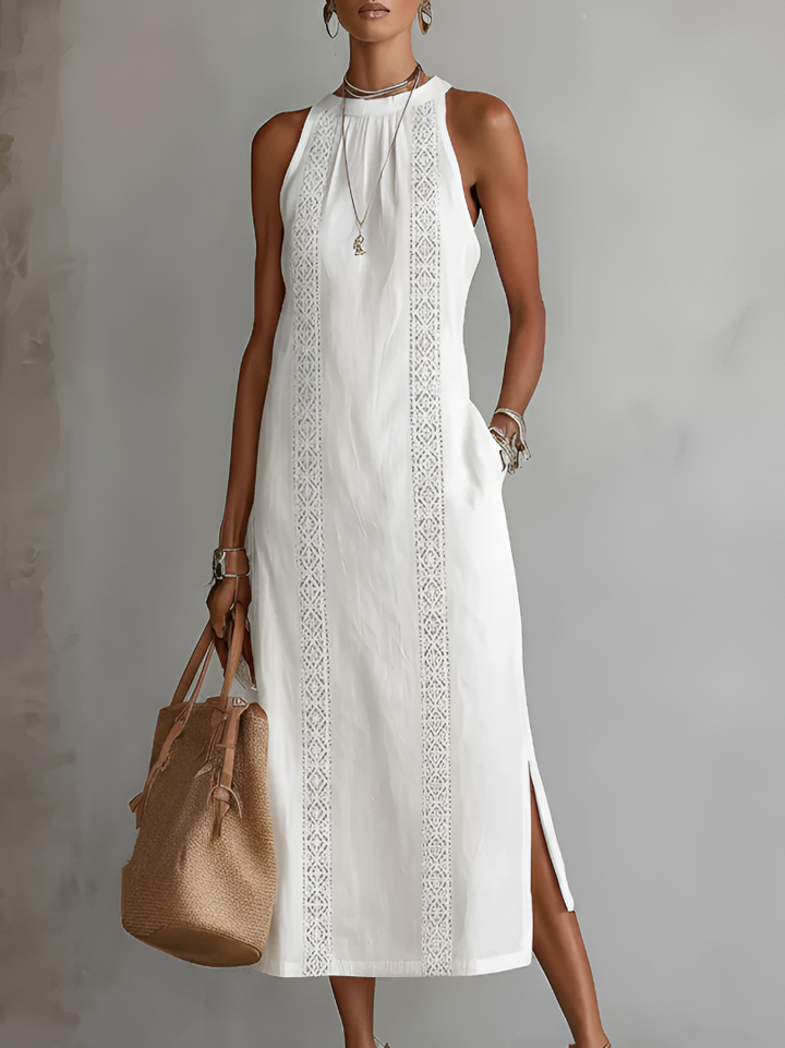 Elegant women's lace panel midi dress for summer comfort. Relaxed fit, versatile for day or evening wear.