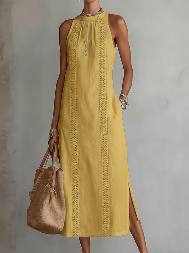 Flowy women's midi dress featuring elegant lace panels. Ideal for summer comfort, versatile day-to-evening style.