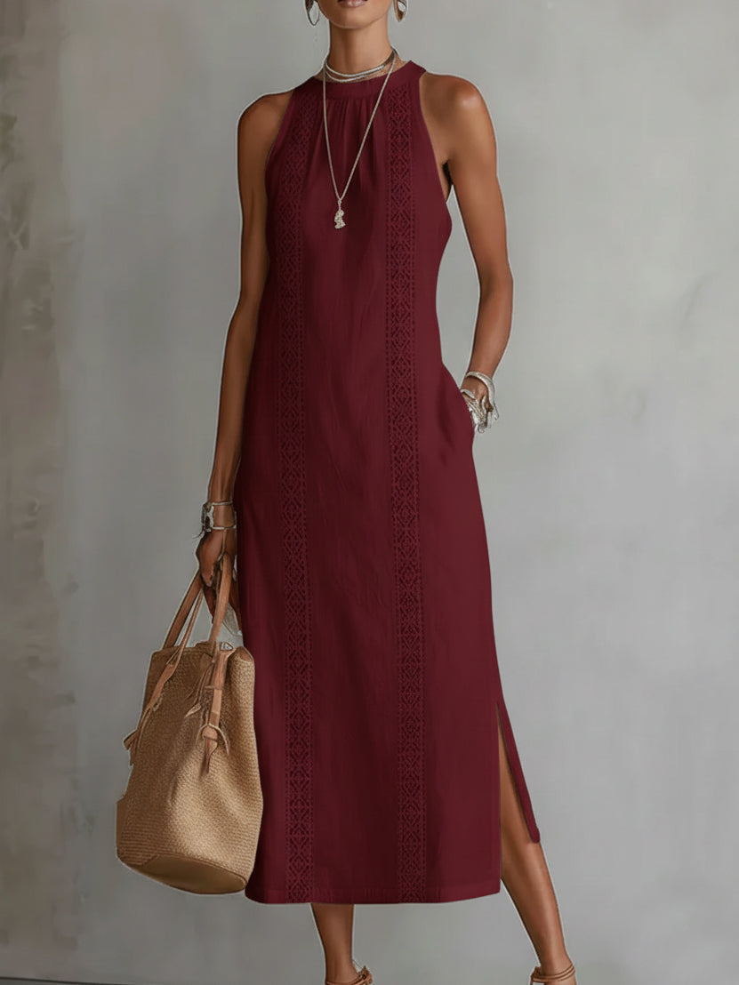Comfortable women's relaxed fit midi dress with beautiful lace panels. Perfect for warm summer day wear.