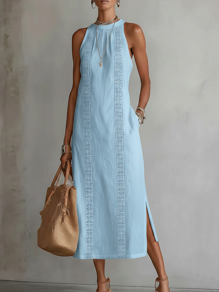 Versatile women's elegant midi dress with lace panels. Great for summer, transition from casual day to evening.