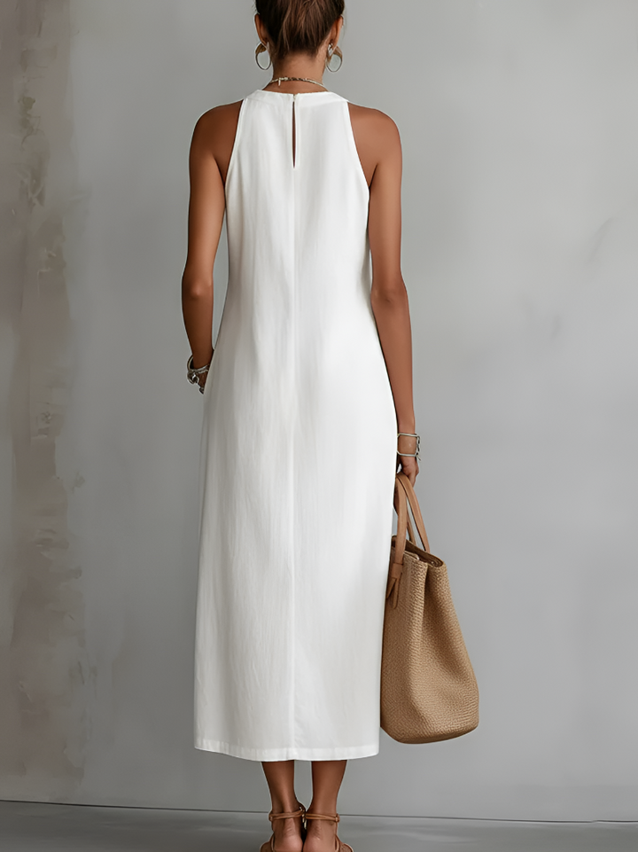 Sophisticated women's lace panel midi dress, perfect for summer elegance. Flowy fabric, comfortable casual style.
