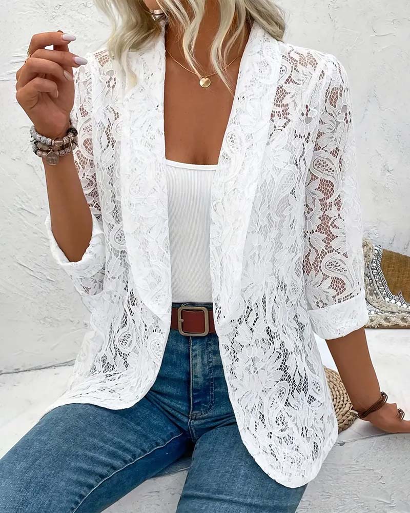 Elegant women's lace trim blazer. Perfect for sophisticated office attire or spring/summer professional wear.