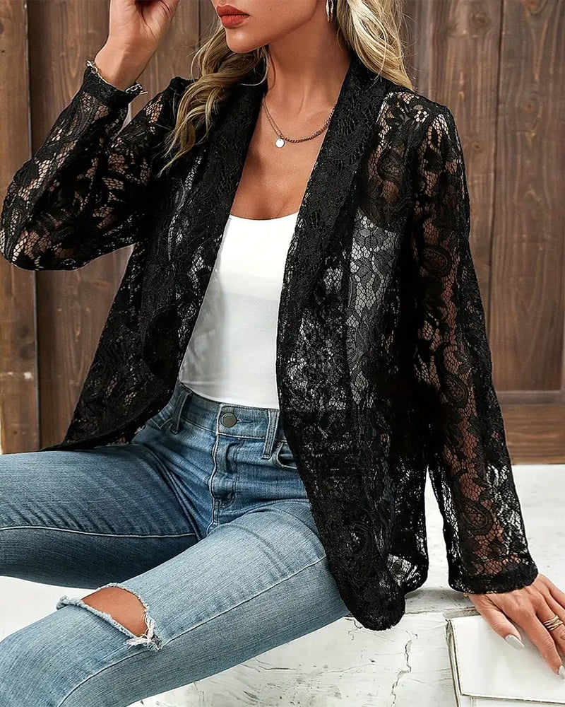 Feminine formal women's blazer with delicate lace trim. Versatile for office or elegant spring/summer fashion.
