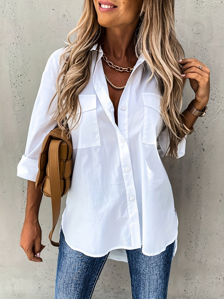 Elegant women's lapel collar shirt. Breathable long sleeve button-down blouse, perfect for work or casual wear.