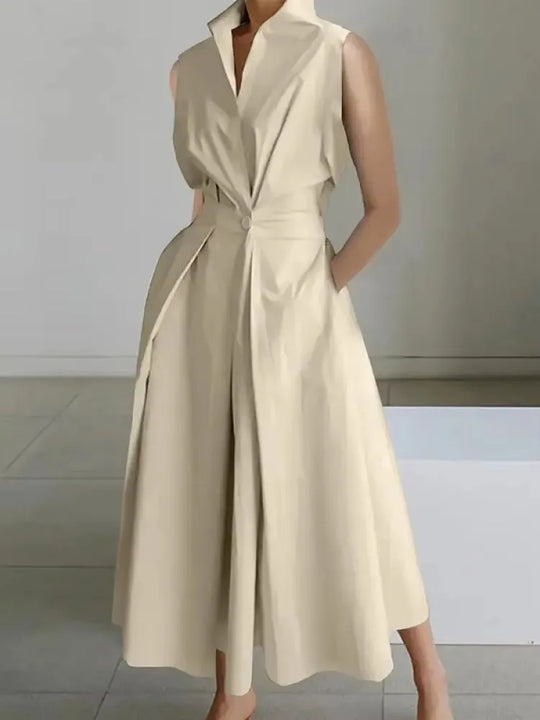 Elegant women's lapel midi dress, A-line, perfect for work or chic casual summer wear with pockets.