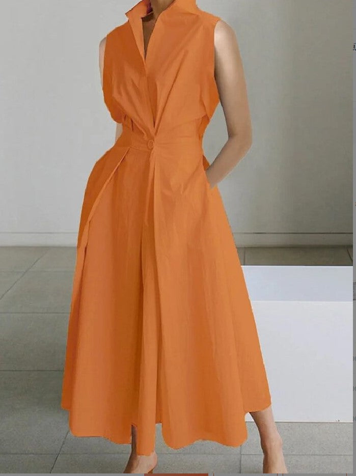 Stylish women's midi dress with lapel collar & pockets. Sleeveless A-line, suitable for elegant workwear & summer.