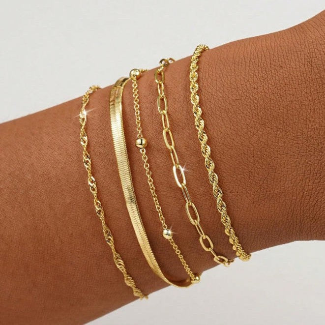 Elegant women's layered chain bracelet set, stackable gold & silver tone fashion jewelry.