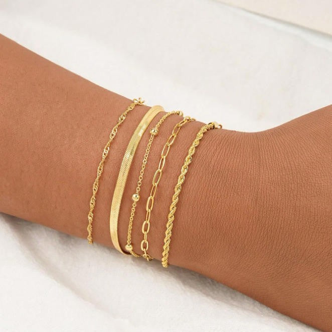 Detailed view of a silver tone women's layered chain bracelet set, chic stackable jewelry.