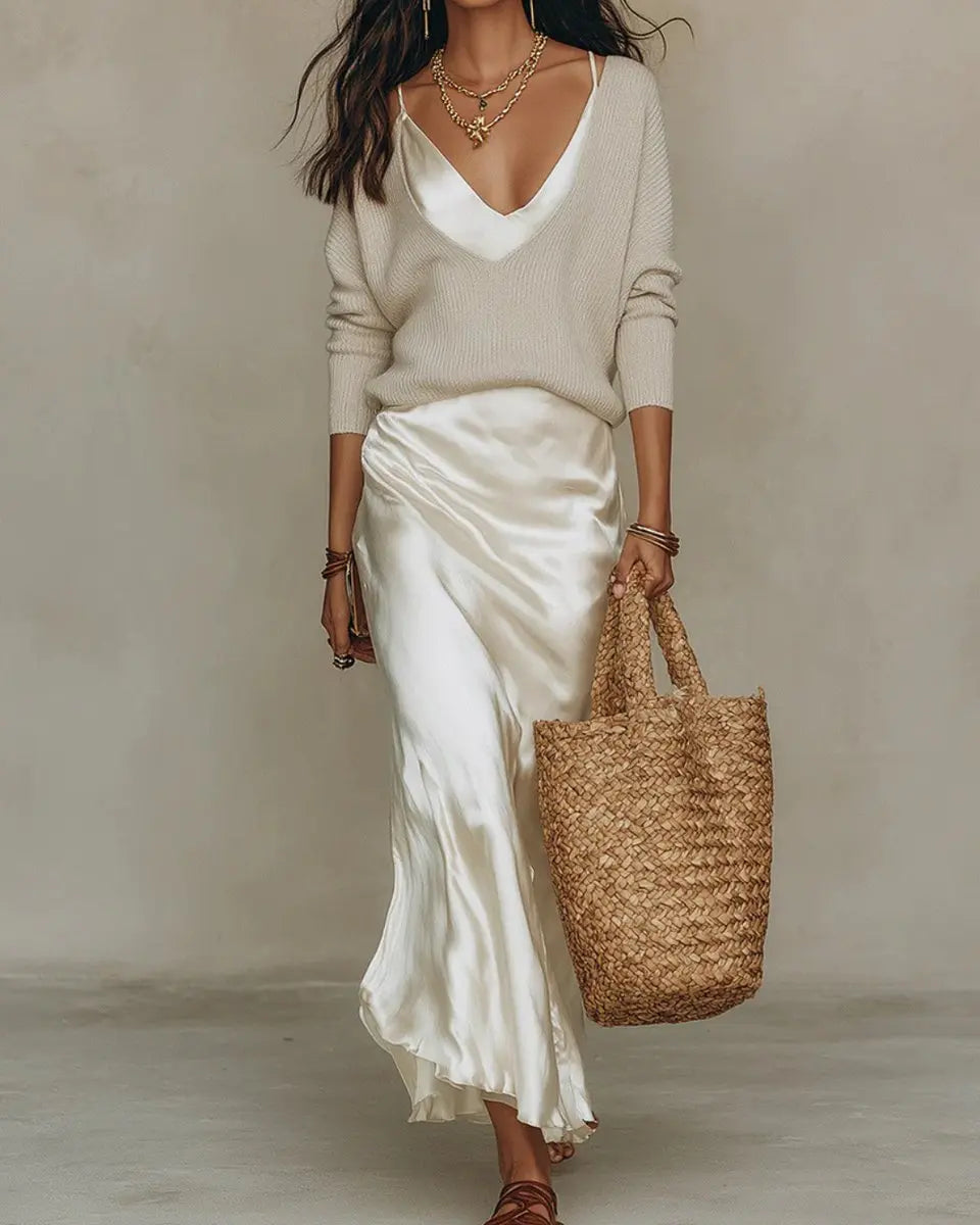 Women's elegant layered midi dress set, including a luxurious satin slip dress and a warm long sleeve jumper.