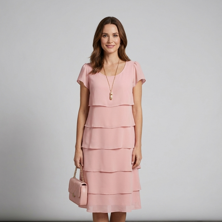 Elegant women's layered midi dress. Short sleeve design offers sophisticated style for versatile day and evening wear.