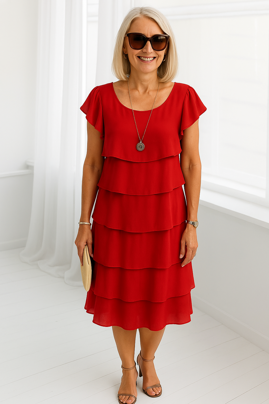 Comfortable women's layered midi dress. A versatile short sleeve outfit, perfect for special occasions & sophisticated all-season fashion.