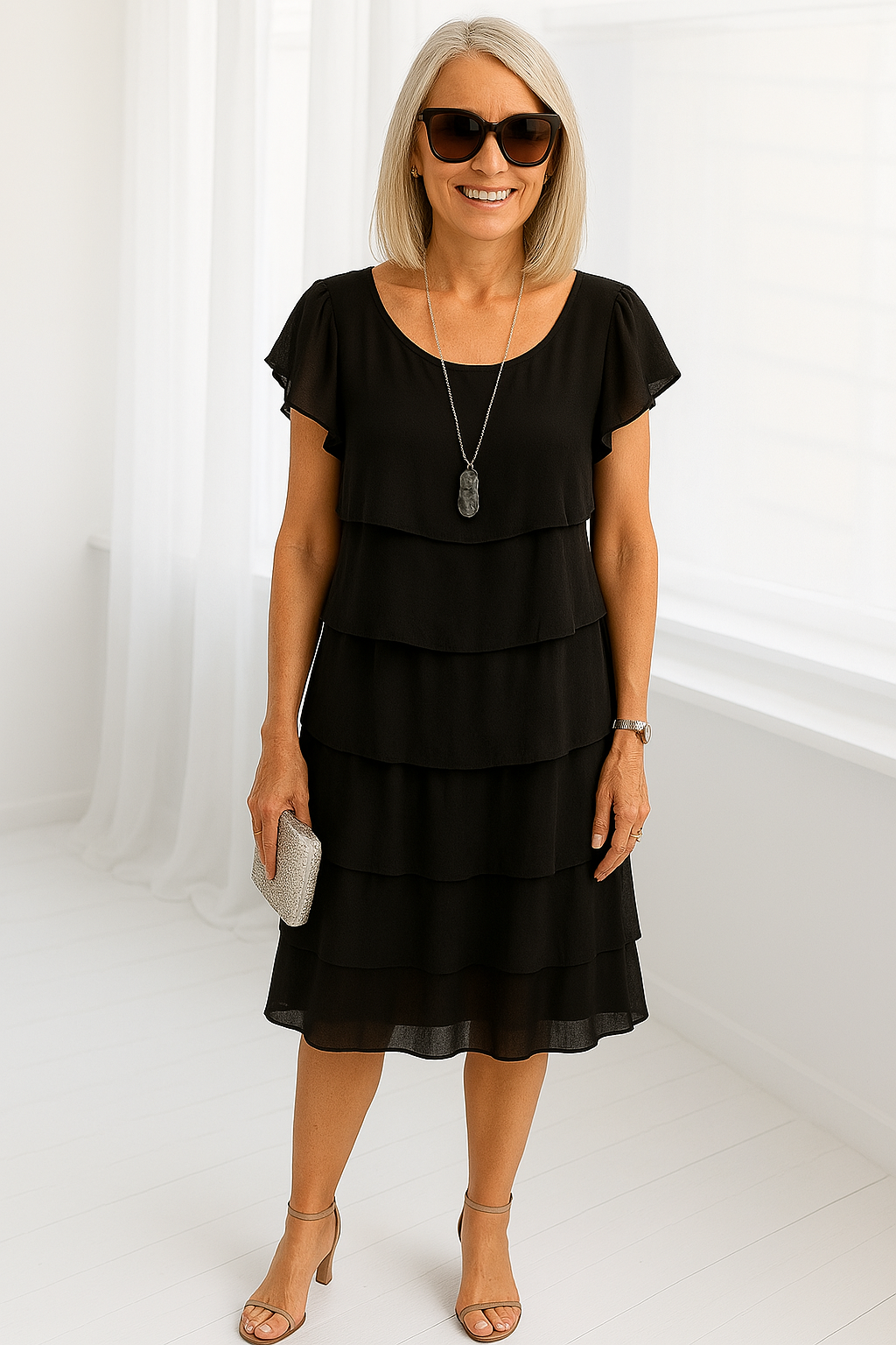 Sophisticated women's layered midi dress. Elegant short sleeve design offers comfortable, effortless style for any special occasion.