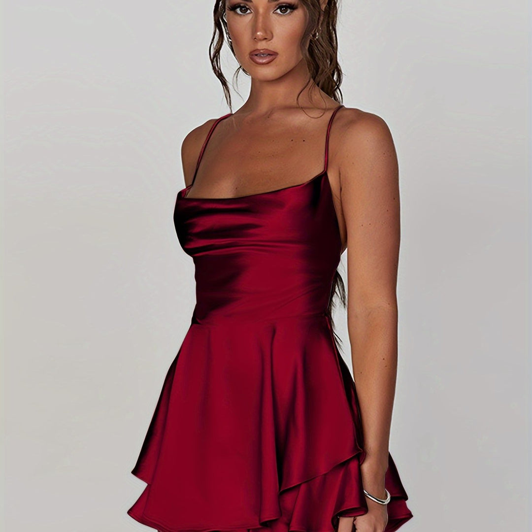 Flattering women's layered mini cocktail dress, ideal for stylish special occasions.