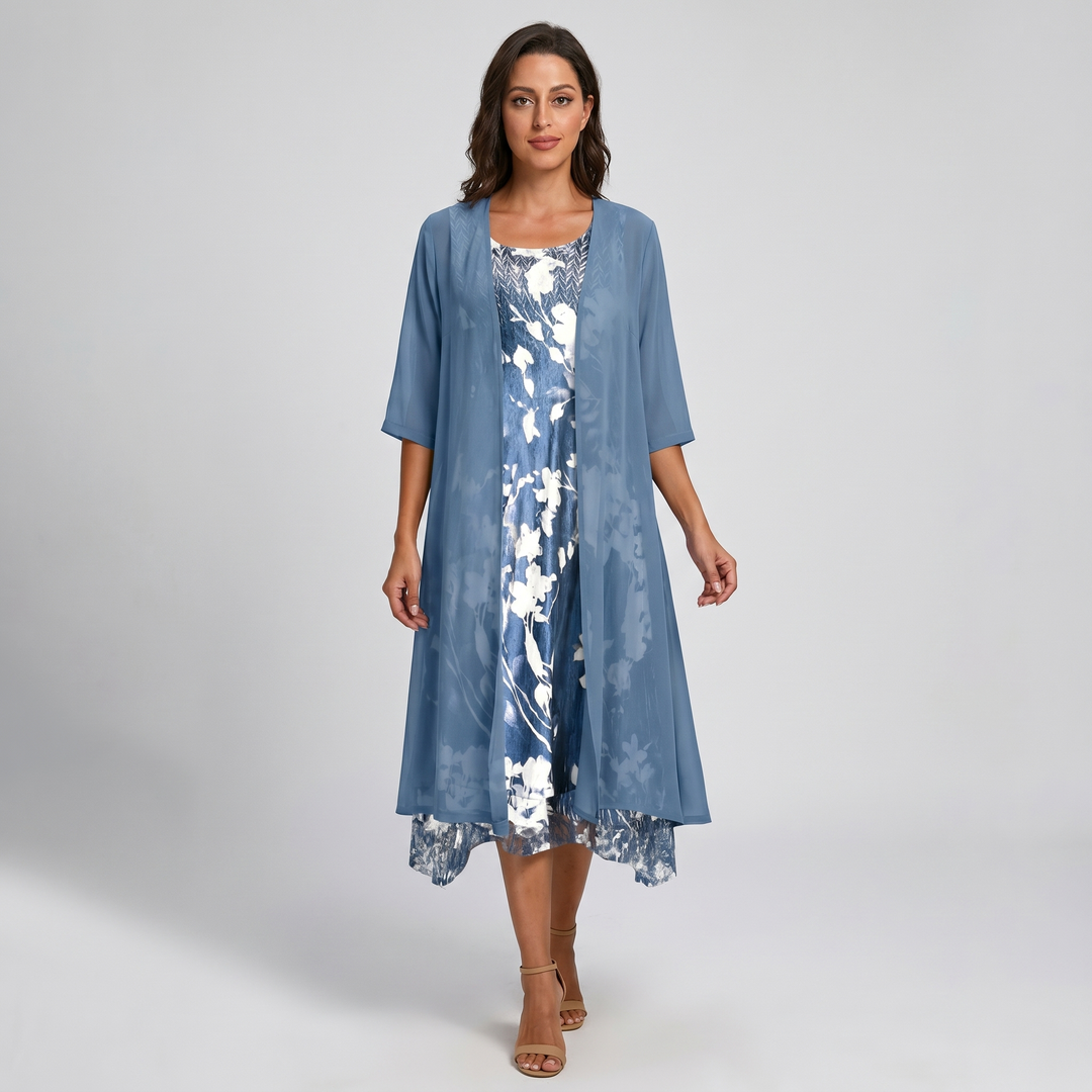 Chic two-piece layered midi dress for women, featuring an open front duster and vibrant floral print.