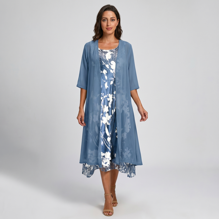 Chic two-piece layered midi dress for women, featuring an open front duster and vibrant floral print.