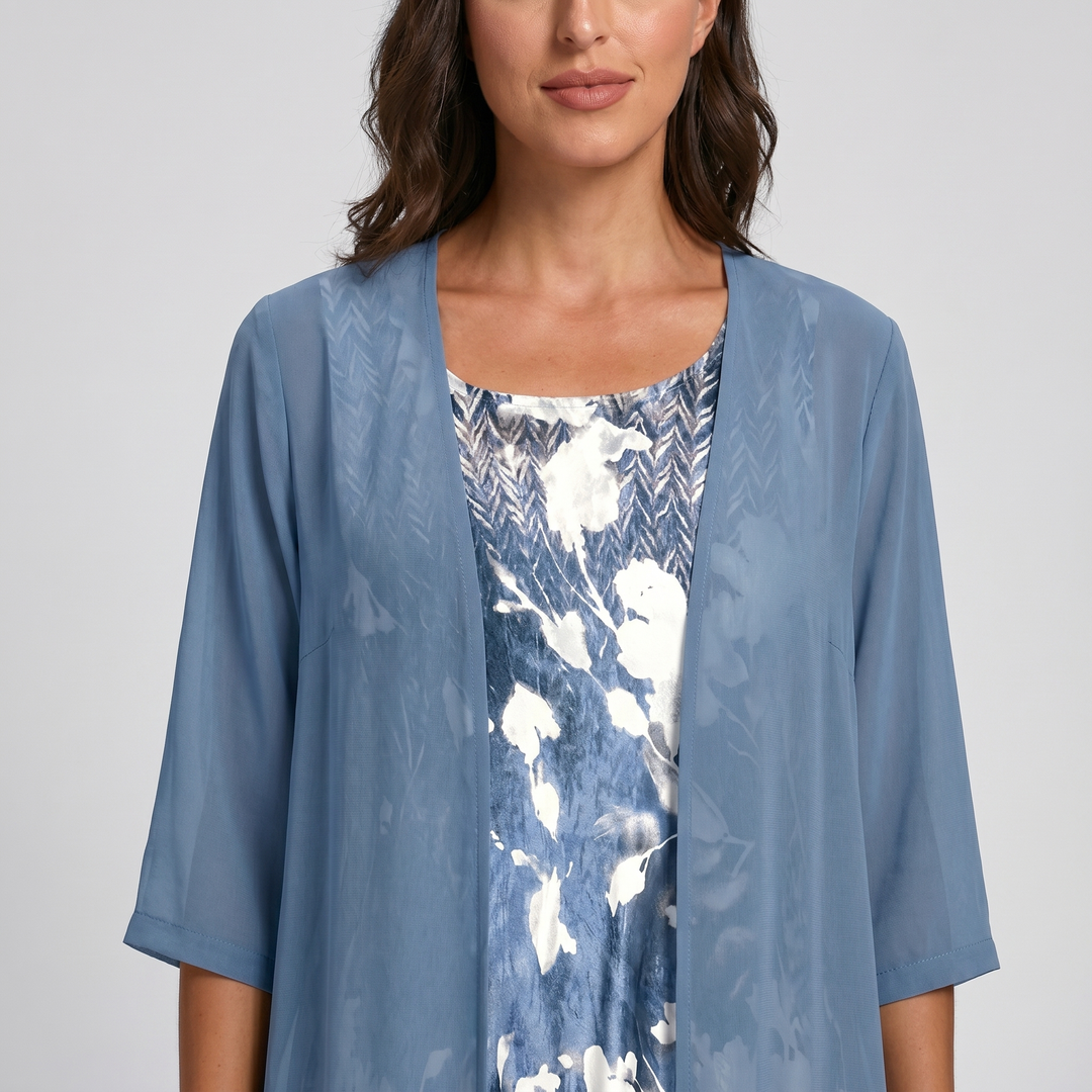 Spring fashion women's layered floral print midi dress, an elegant open front duster for special occasions.