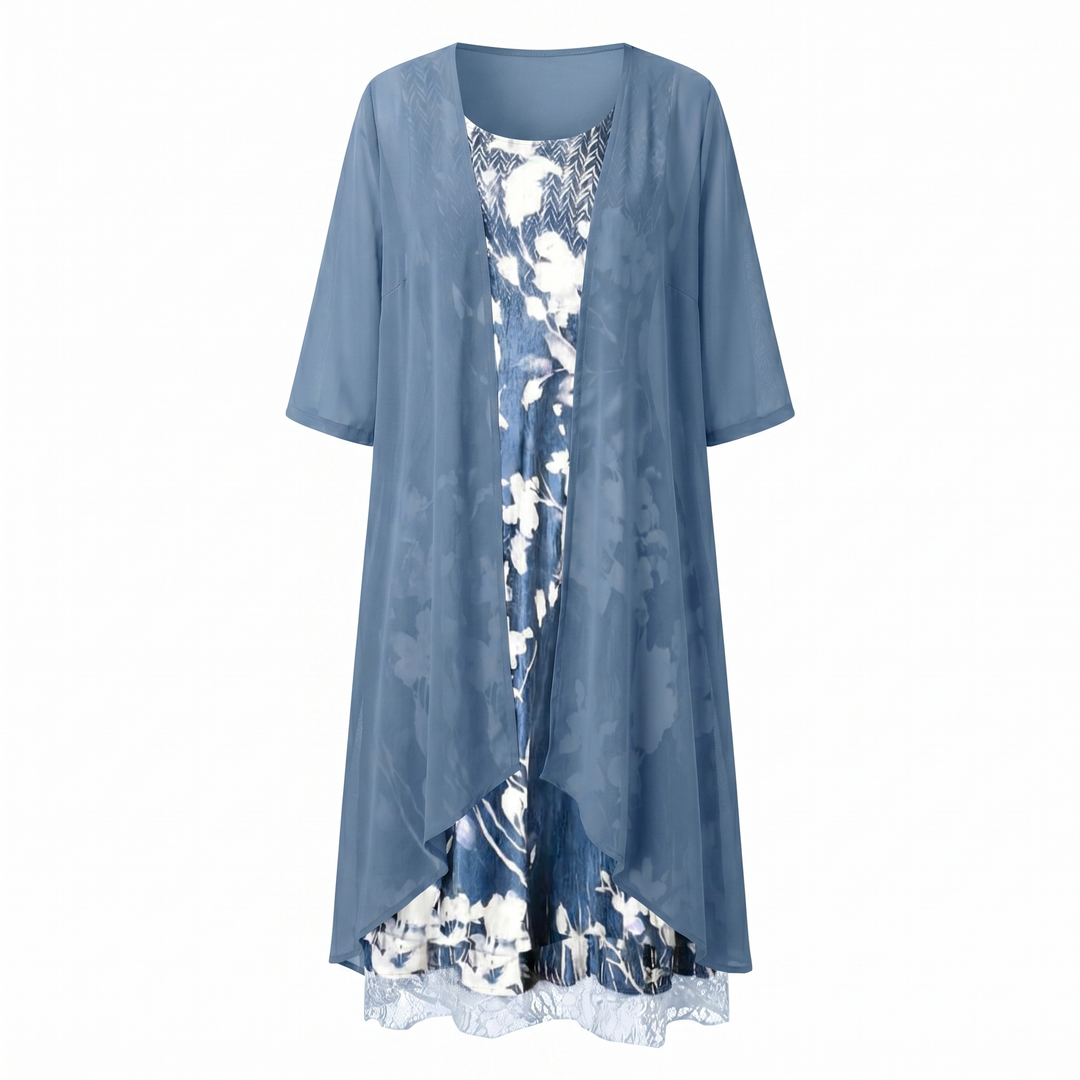 Relaxed fit women's layered midi dress with an elegant open front and charming floral print for summer.